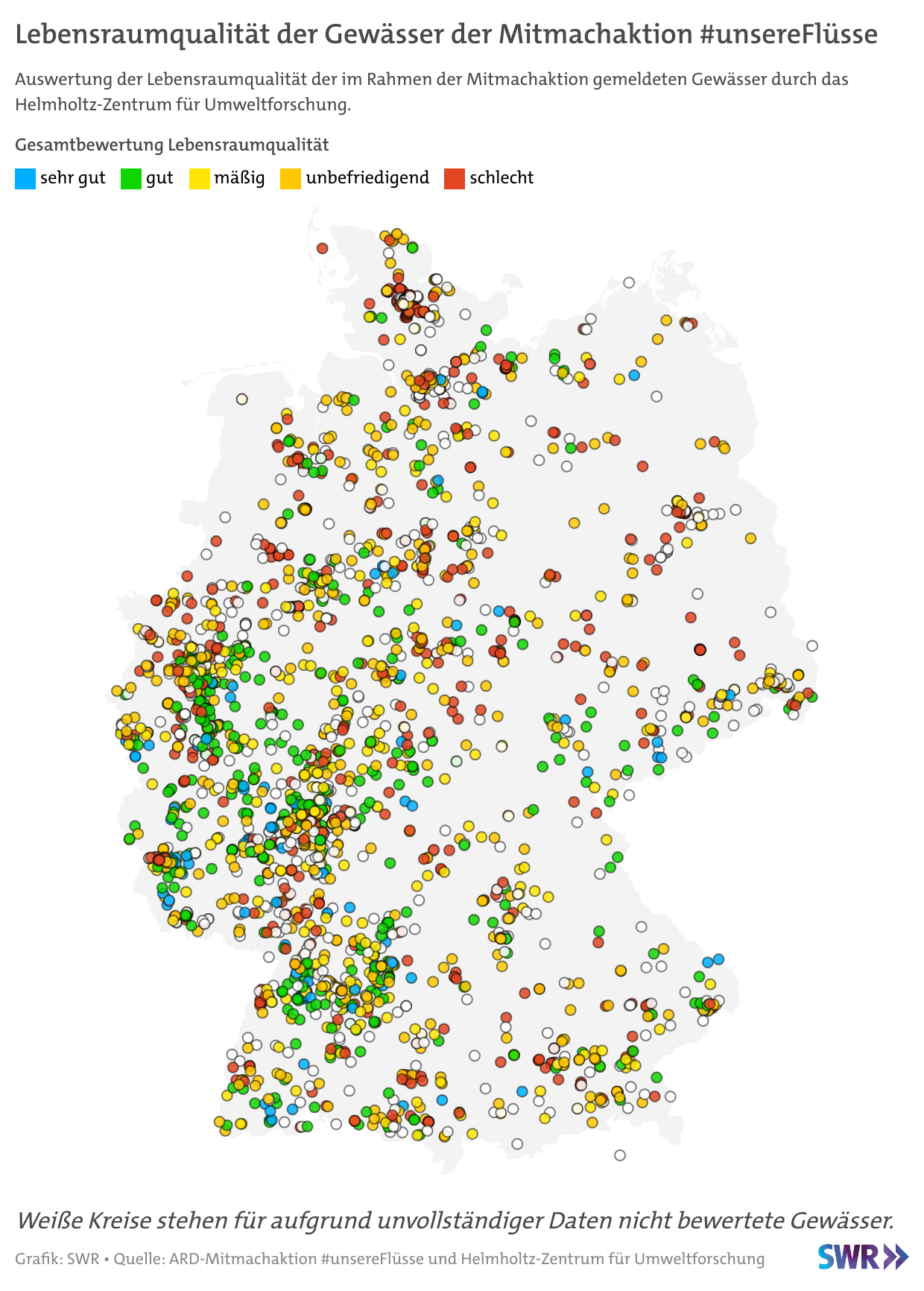 Karte: Lebensraumqualität der Gewässer der Mitmachaktion #unsere Flüsse. Quelle: SWR